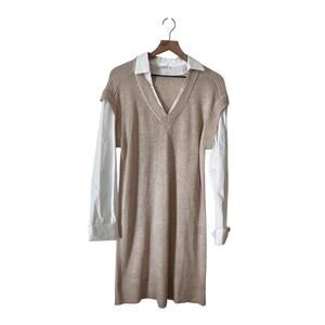 By The River Womens Wool Blend Layered Collared Sweater Tan Dress Size Large